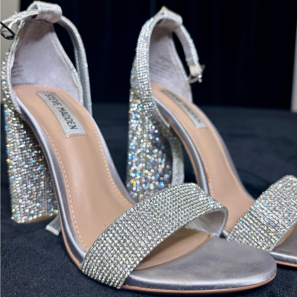 Steve Madden Silver Rhinestones Ankle Strap Block Heels